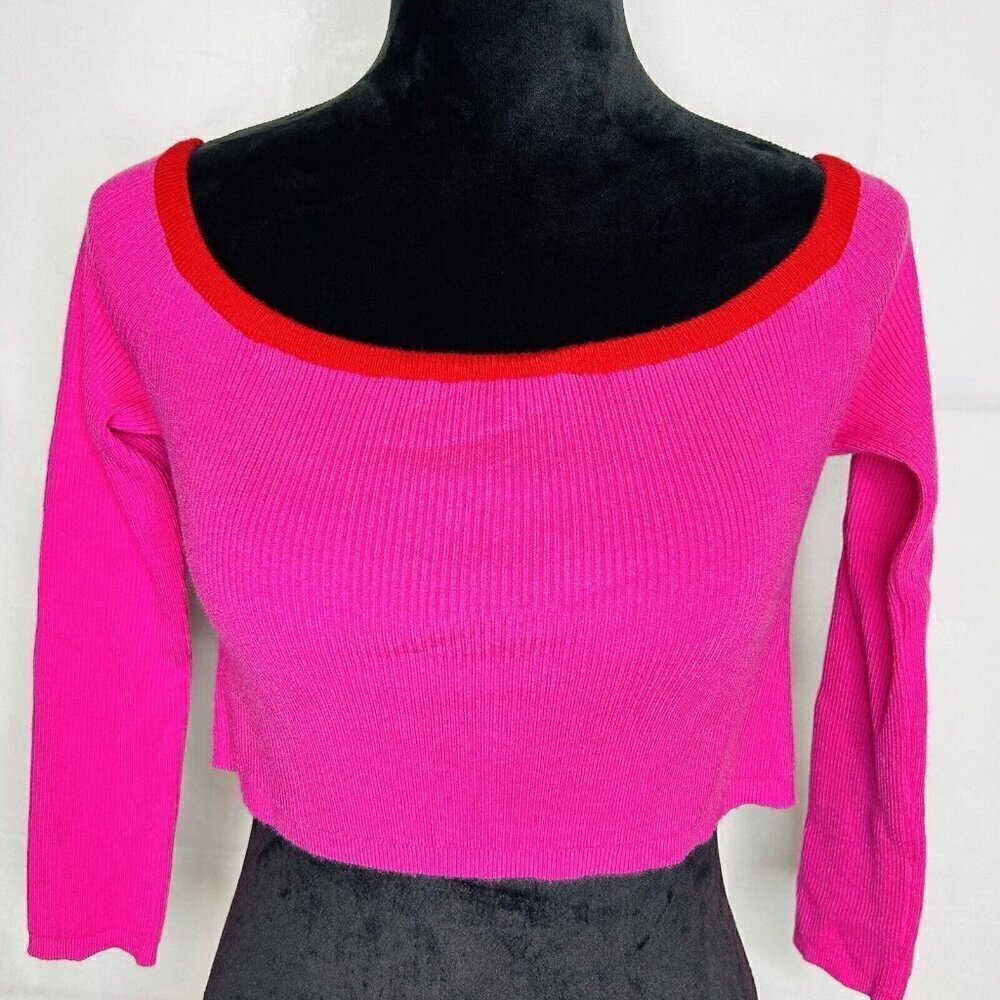 Wild Honey Cropped Pink Red Ribbed Sweater Size Medium NWT Off Shoulder